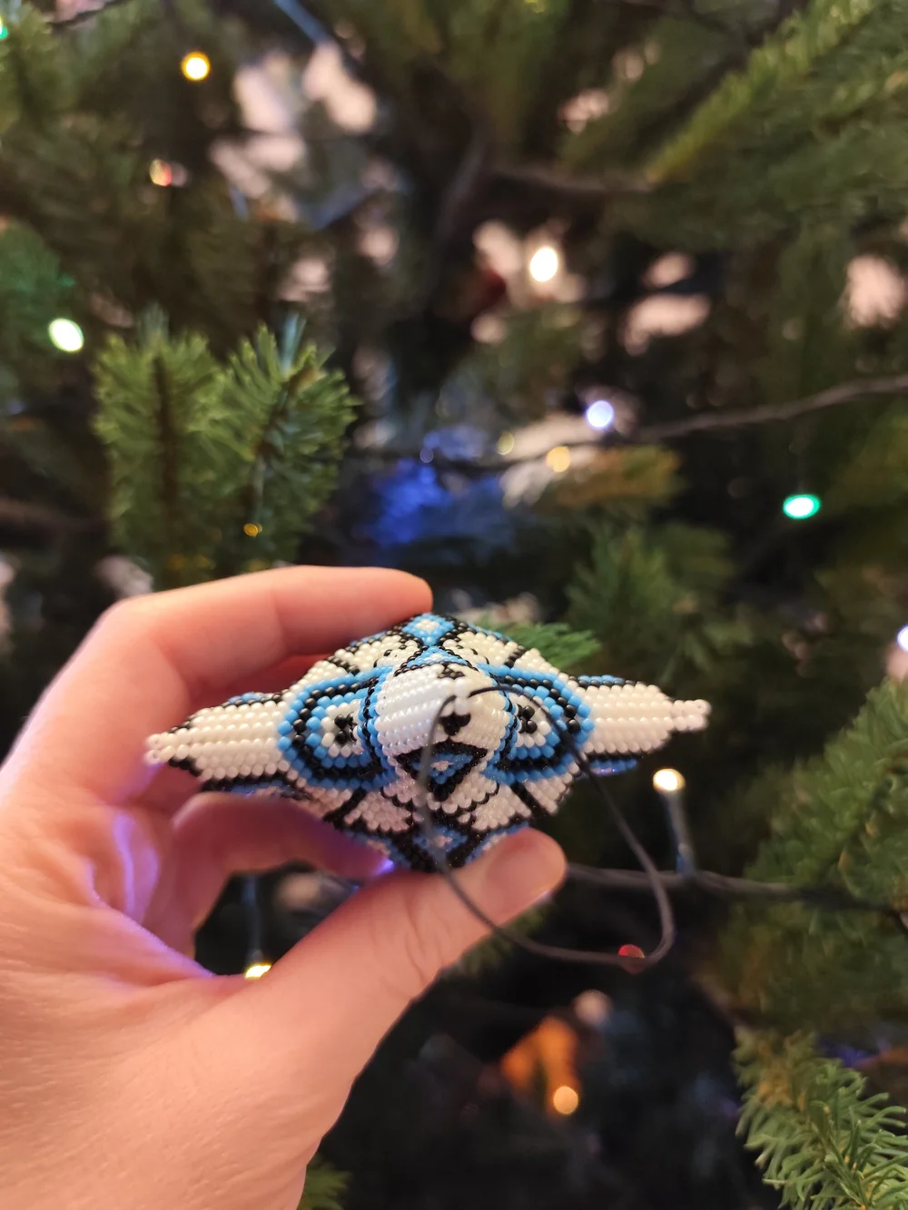 Blue, White & Black Beaded Star Ornament - Holiday Tree Accent
